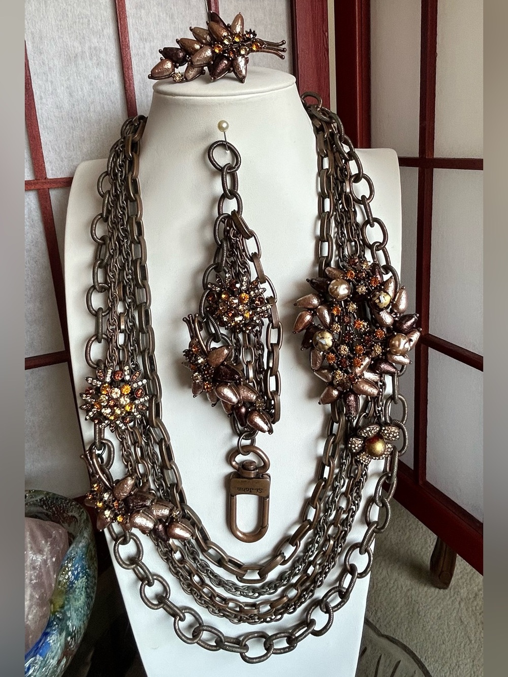 ST. JOHN FAUX PEARL & CRYSTAL MULTI-STRAND STATEMENT NECKLACE